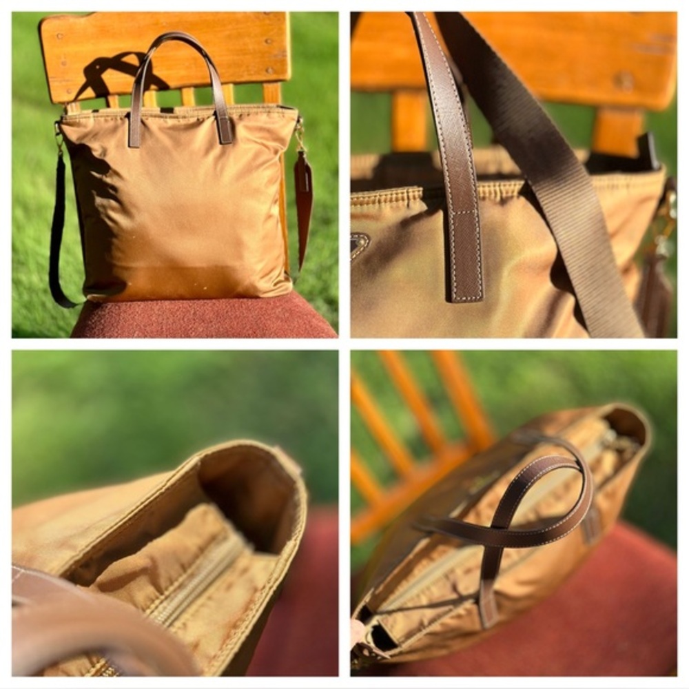 AUTHENTIC Tessuto Nylon Saffiano Shopping Tote. Tan. - Picture 9 of 15